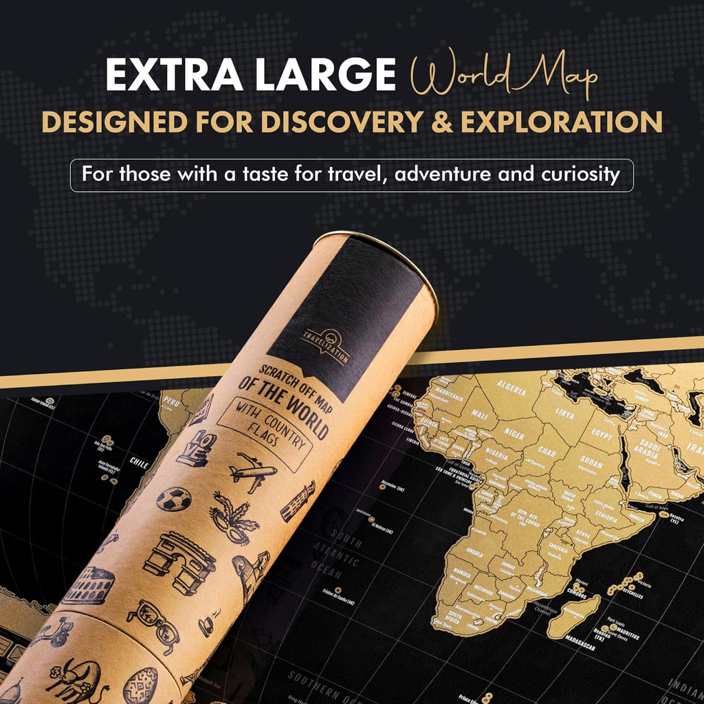 XL Scratch off World Map with 196 Country Flags 36" X 24" Frameable World Map with Vibrant Colors and Premium Gold Coating, Beautiful Scratch Map for Travelers, Black