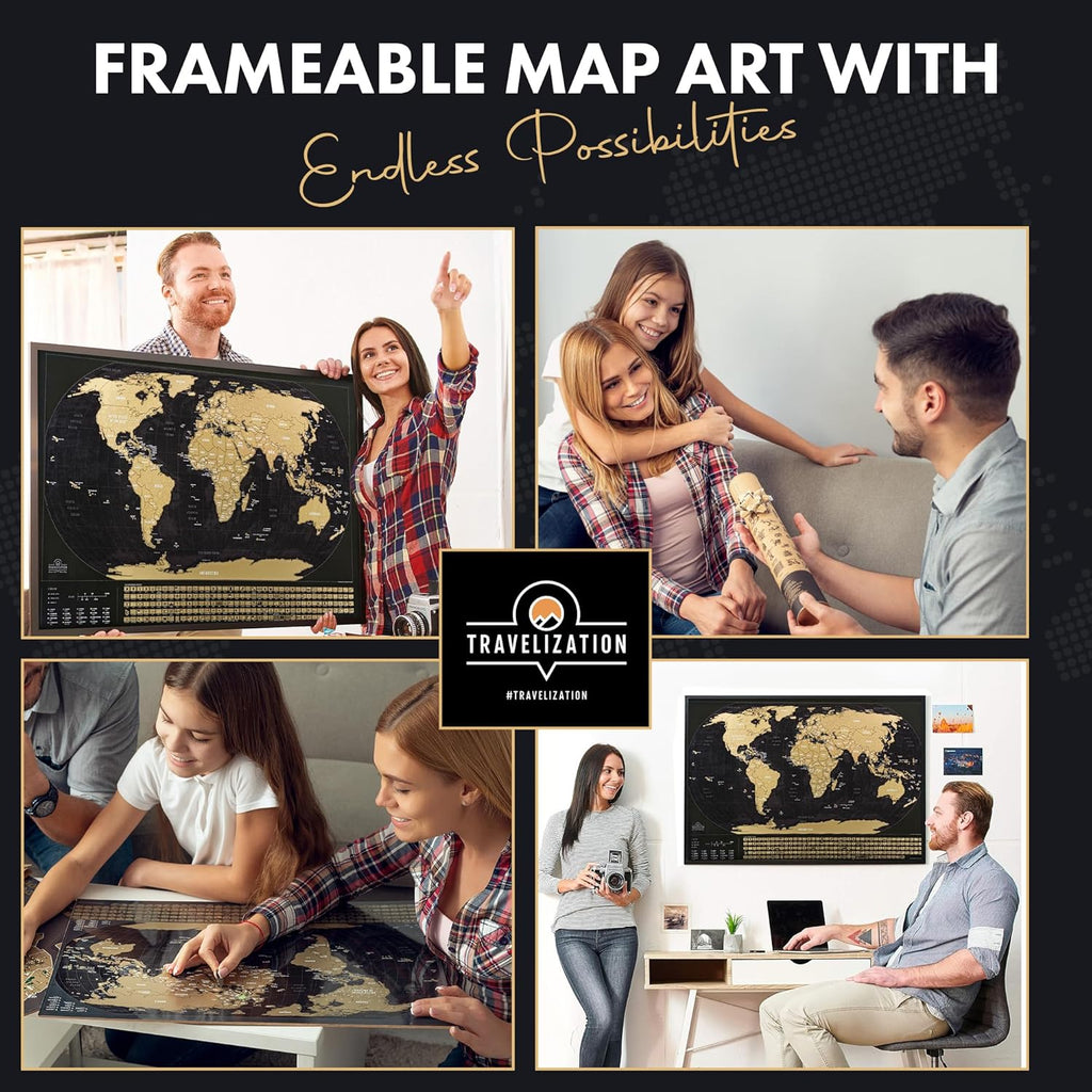 XL Scratch off World Map with 196 Country Flags 36" X 24" Frameable World Map with Vibrant Colors and Premium Gold Coating, Beautiful Scratch Map for Travelers, Black