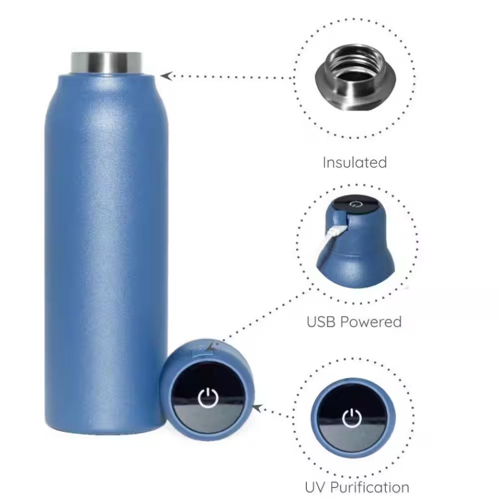 14 Oz. Blue Stainless Steel Insulated Self-Cleaning Water Bottle W/UV Water Purifier